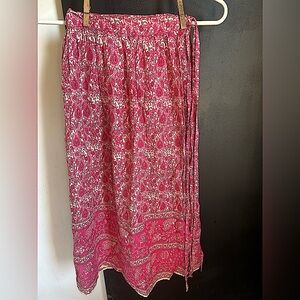 Vintage 70s Boho Pink Paisley Indian Cotton Blockprint Wrap Midi Skirt Size S